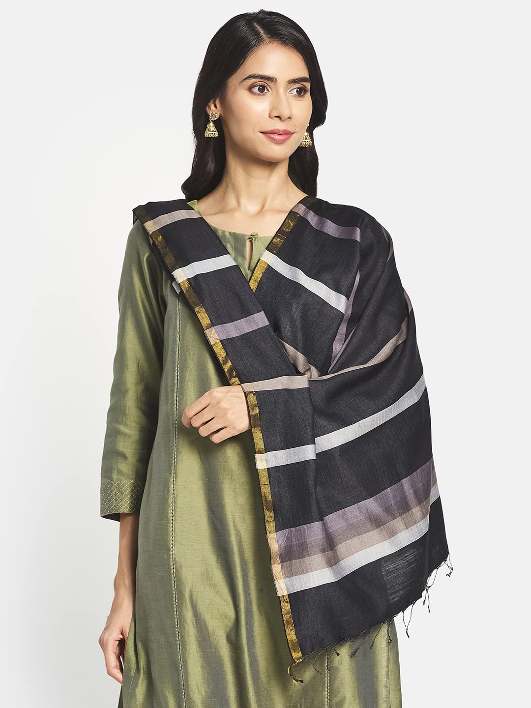 Fabindia Black Cotton Silk Woven Stole (Free Size)