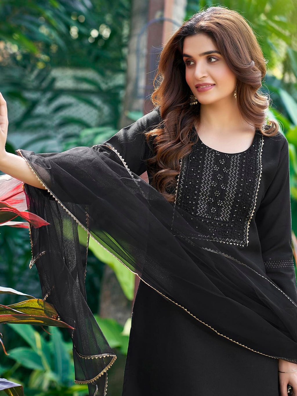 Sanisa Womens Cotton Blend Embroidery Straight Kurta with Pant and Gota Lace Work Dupatta