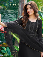 Sanisa Womens Cotton Blend Embroidery Straight Kurta with Pant and Gota Lace Work Dupatta