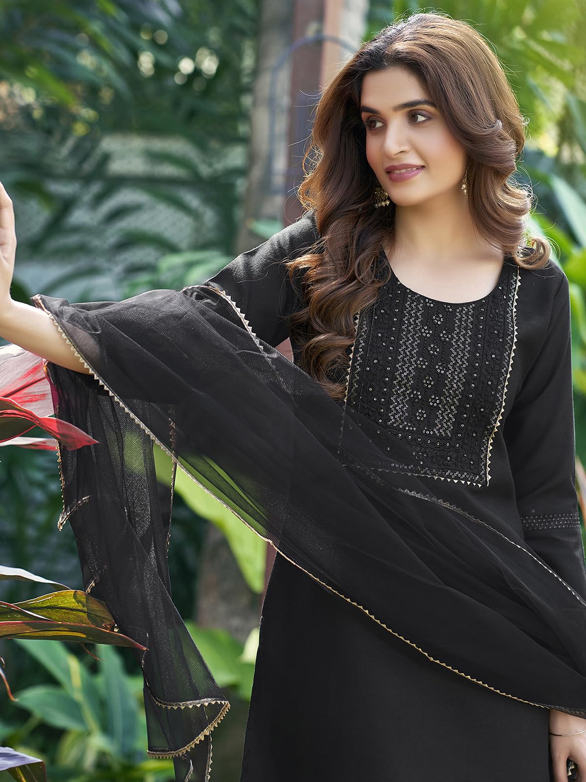 Sanisa Womens Cotton Blend Embroidery Straight Kurta with Pant and Gota Lace Work Dupatta
