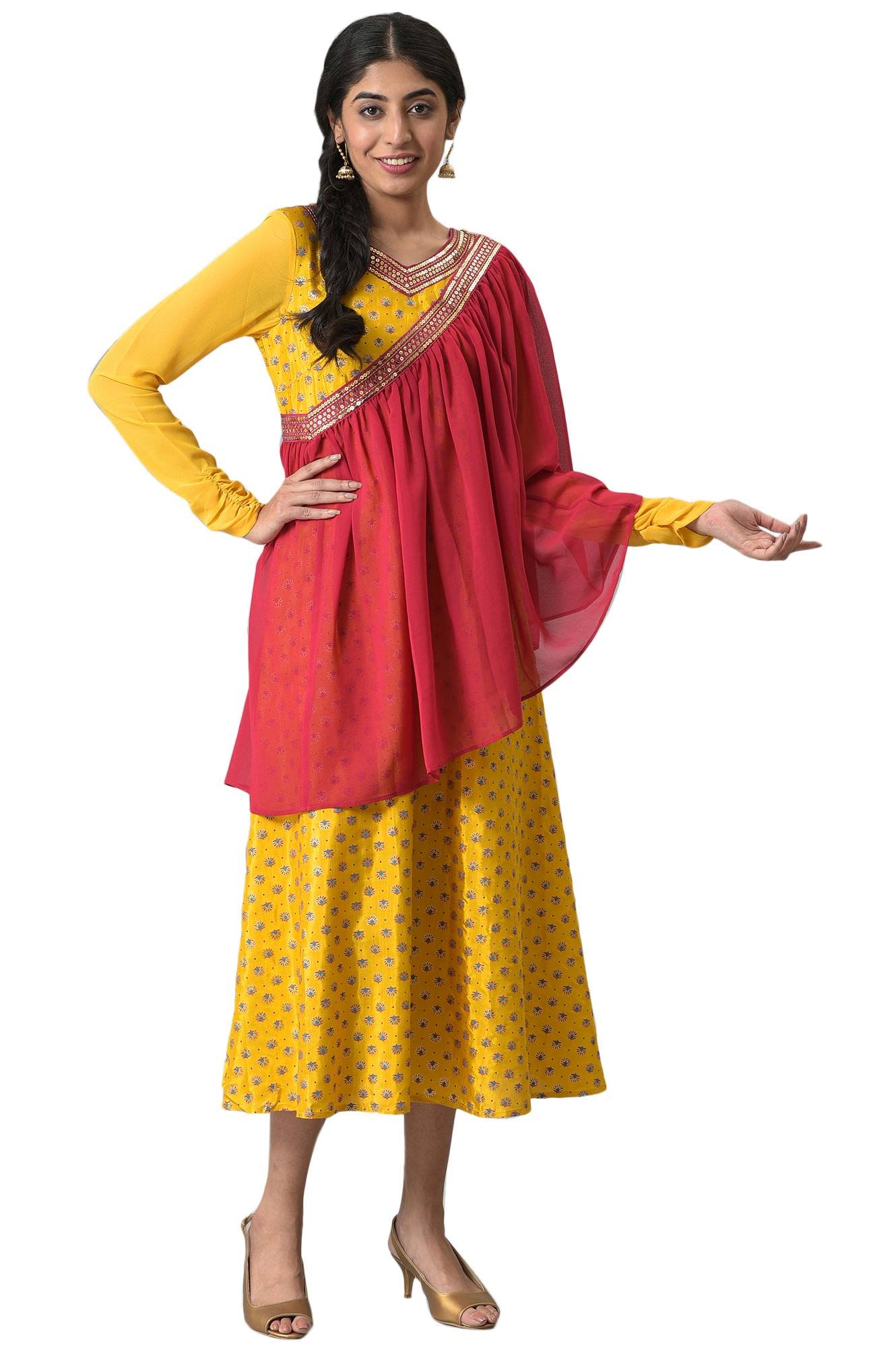 Aurelia Womens Yellow Zari Embroidered Dress With Pink Embroidered Dupatta_22AUAS13512-505420_XS