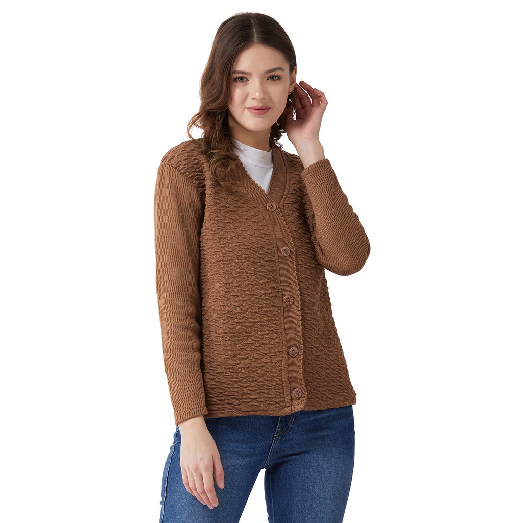 Pivl Womens Blended V-Neck Cardigan Sweater (PV502_Coffee