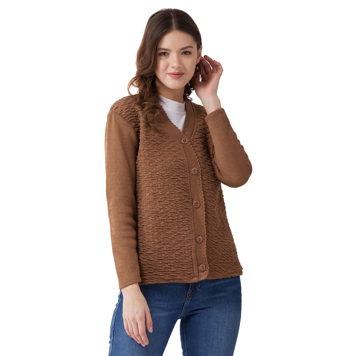Pivl Womens Blended V-Neck Cardigan Sweater (PV502_Coffee