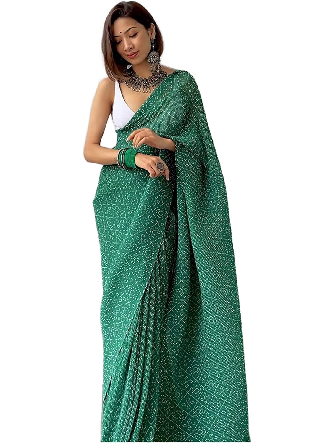 Shiv Textiles Womens Plain Pure Georgette Full Crushed Saree (CRSH-GREEN 1)