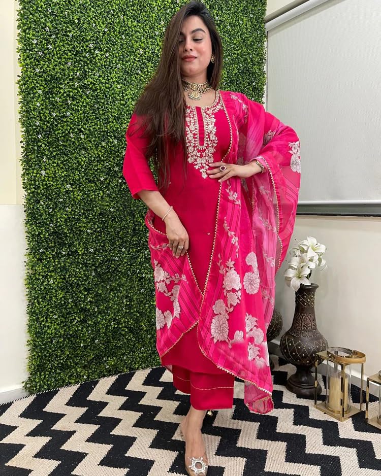 ANNI DESIGNER Womens Rayon Blend Straight Embroidered Kurta with Pant & Dupatta (Hafti Pink_M_Pink_Medium)