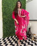 ANNI DESIGNER Womens Rayon Blend Straight Embroidered Kurta with Pant & Dupatta (Hafti Pink_L_Pink_Large)