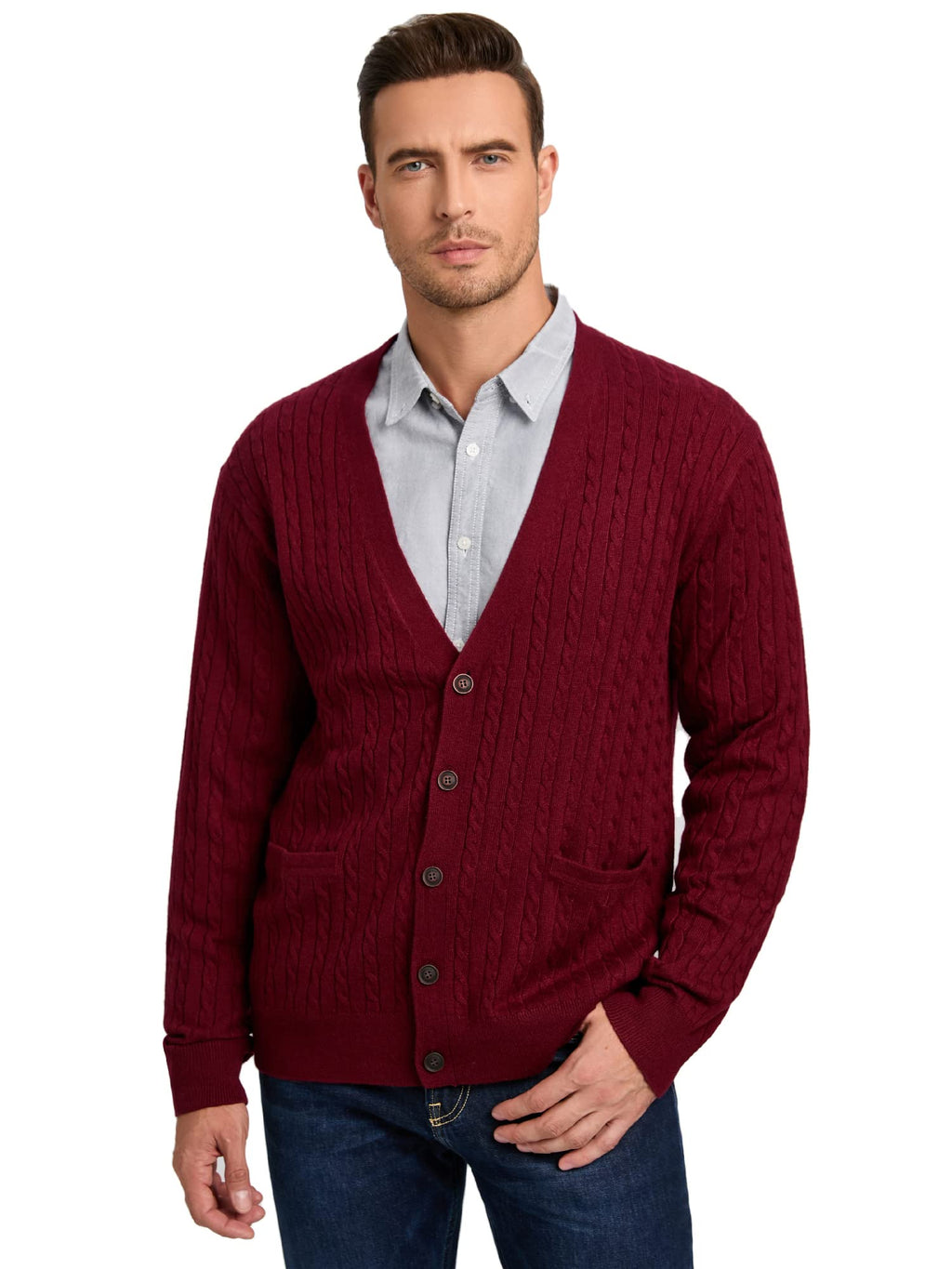 Kallspin Men's Cardigan Sweater Cashmere Wool Blend Cable Knit V Neck Buttons Cardigan with Pockets(Burgundy Red, Medium)