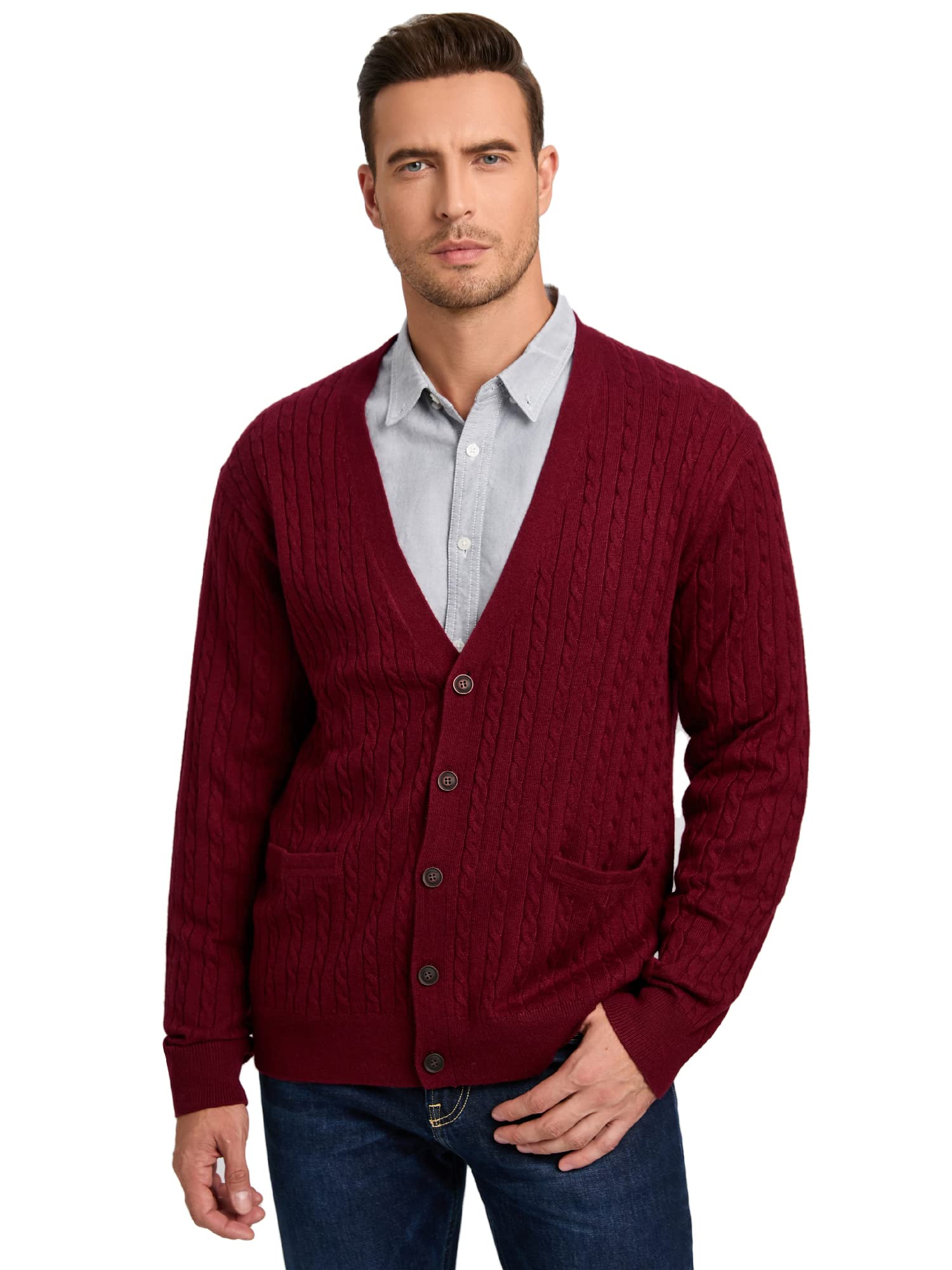 Kallspin Men's Cardigan Sweater Cashmere Wool Blend Cable Knit V Neck Buttons Cardigan with Pockets(Burgundy Red, Medium)