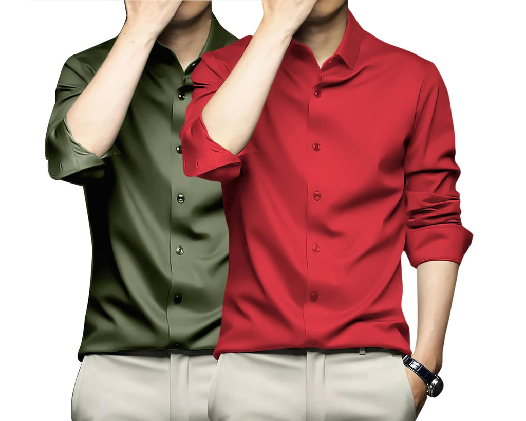 Deelmo Combo Of MenS Stylish Solid Satin Casual Shirt For Men Full Sleeves| Poly Satin Silk Shirt Pack Of 2