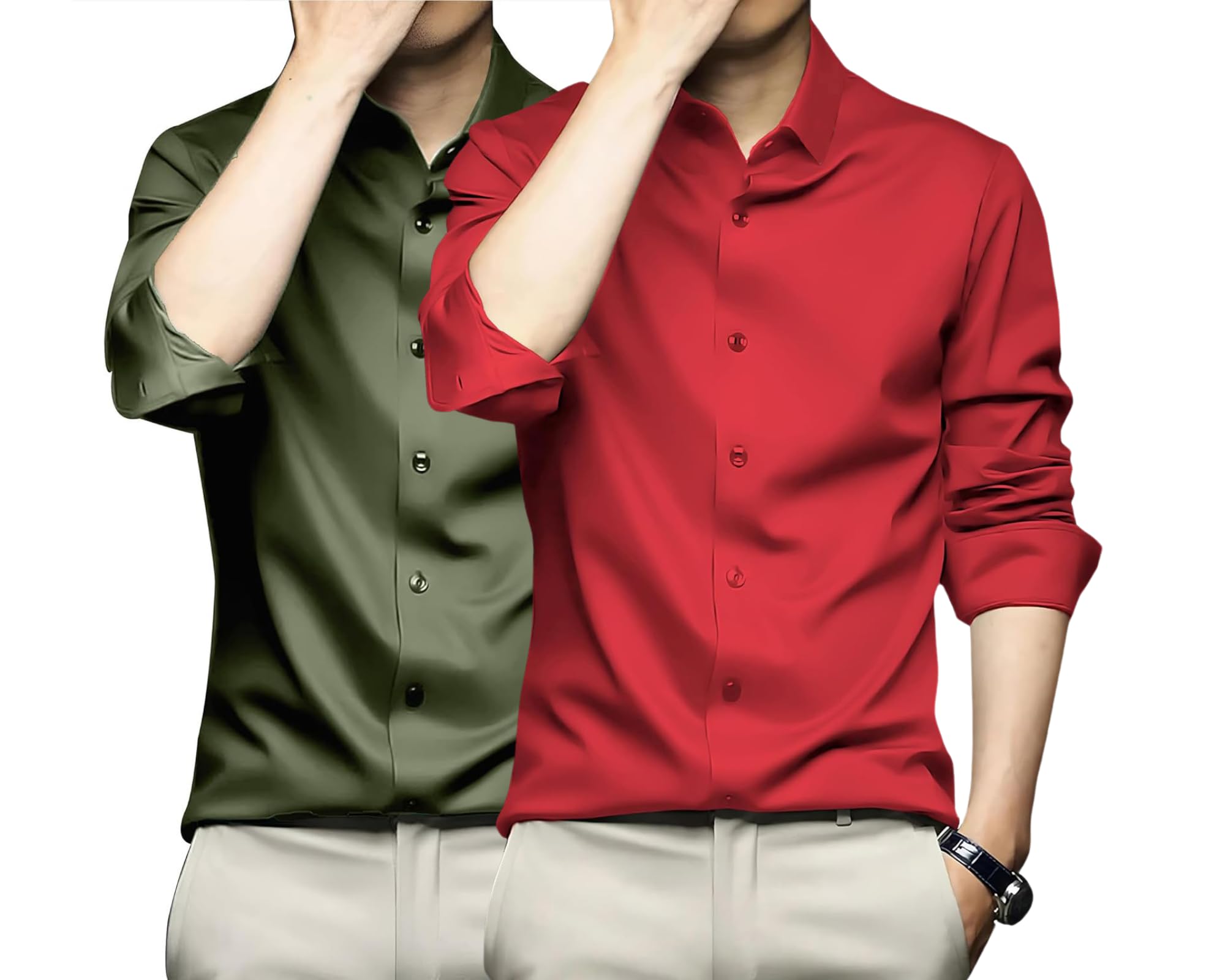 Deelmo Combo Of MenS Stylish Solid Satin Casual Shirt For Men Full Sleeves| Poly Satin Silk Shirt Pack Of 2