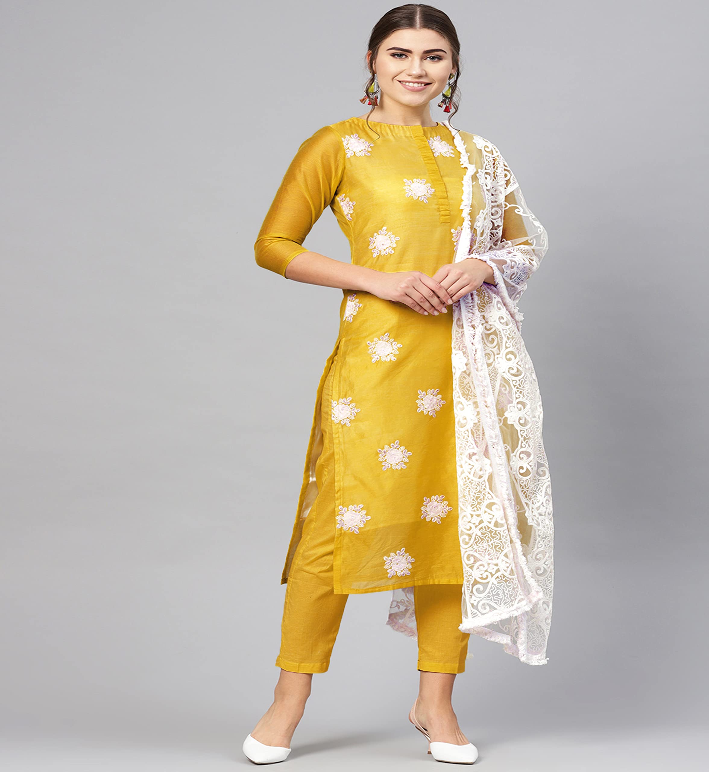 Anni Designer Women'S Ruby Cotton Straight Embroidery Kurti With Pant & Dupatta Set (White-Show Multicolor_Xl Multicolor_X-Large