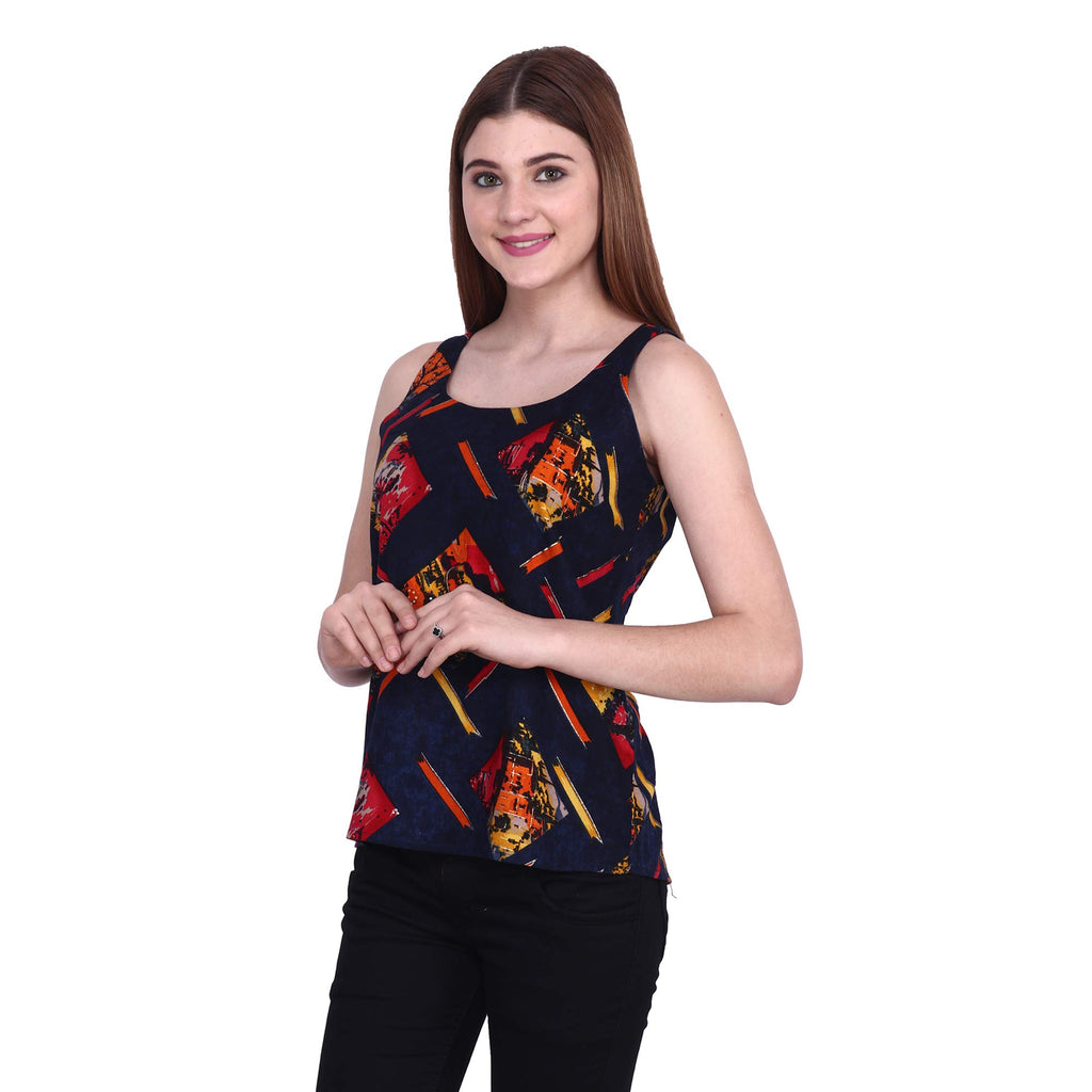 POPWINGS Casual Sleeveless Round Neck Foil/Graphic Print Regular Top for Women, Blue/Multicolor