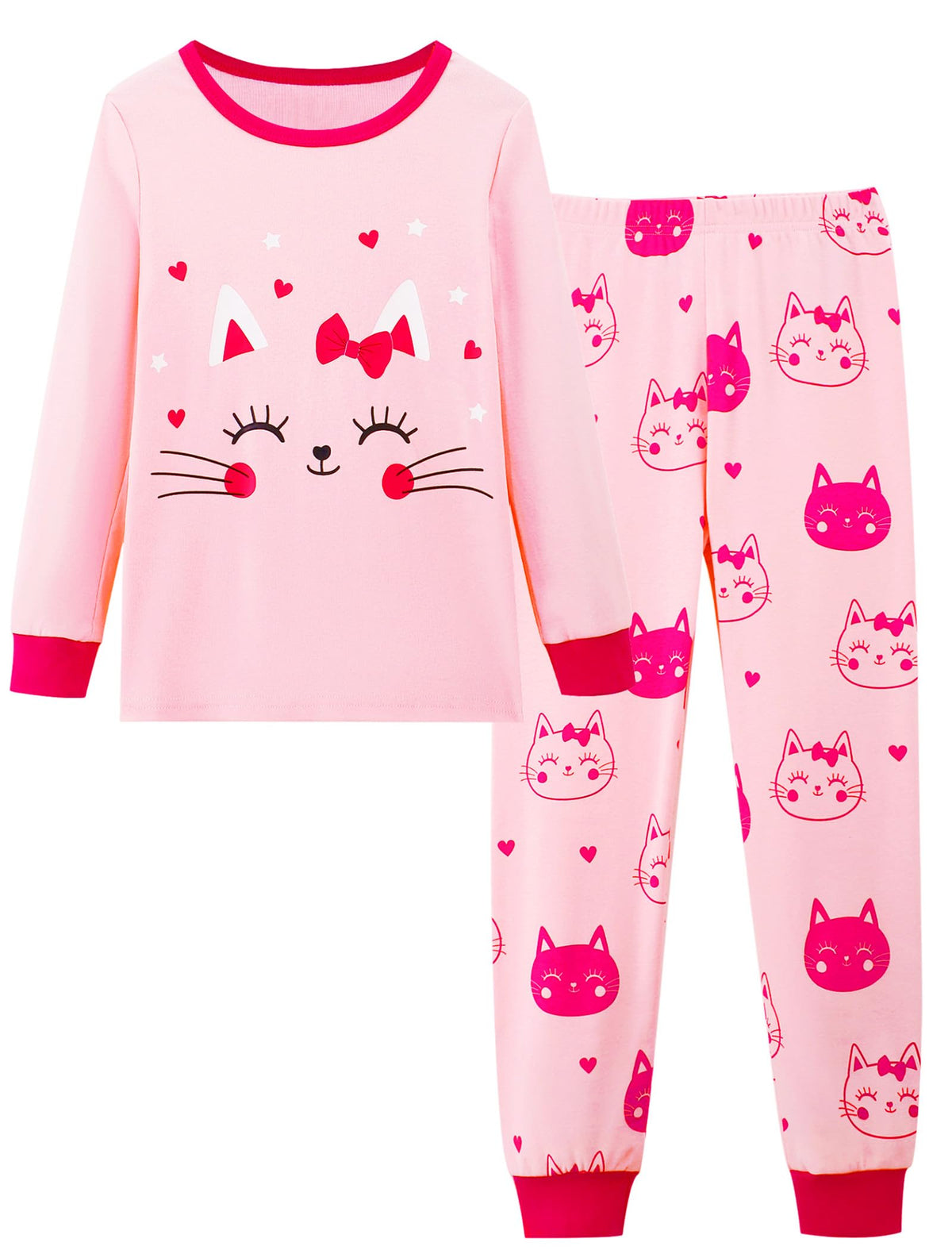 Mikrdoo Girls Pajamas Kids Soft Cute Cotton Long Sleeve 2 Piece Stretchy SnugFit Pjs Set for Girls Size 414, Pink Cat, 5T 5