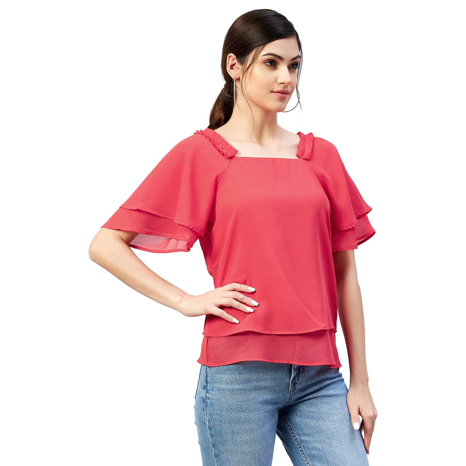Rare Women Casual Red Colour Square Neck Solid Regular Top