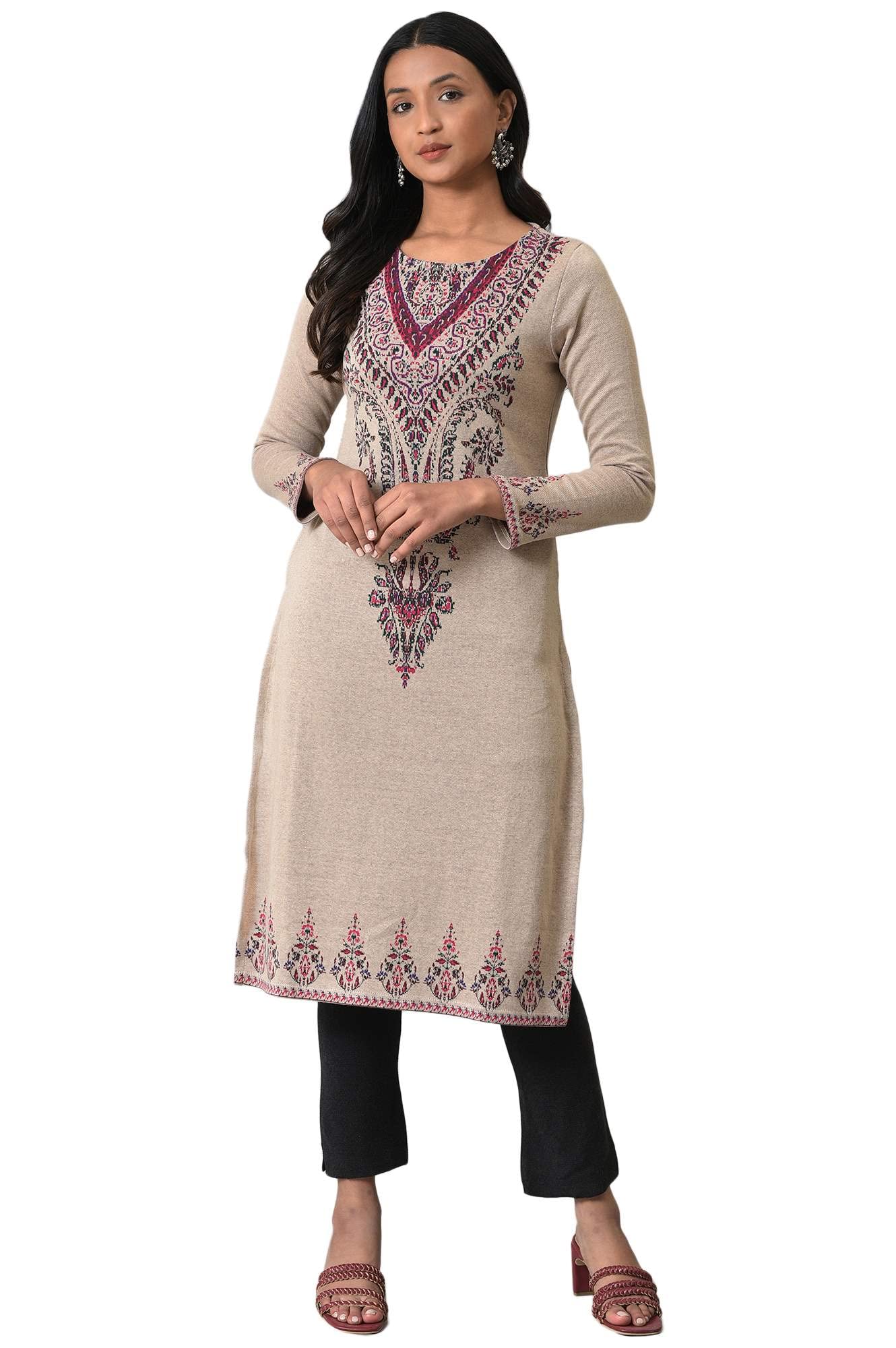 W For Woman Plus Size Ecru Placement Printed Jacquard Winter Kurta_22Now18506G-312470_5Xl