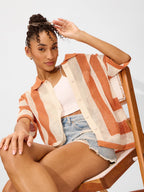 The Souled Store Apricot Sherbet Women and Girls Short Sleeves Collared Neck Button Front Open Knit Structured Boyfriend Shirts