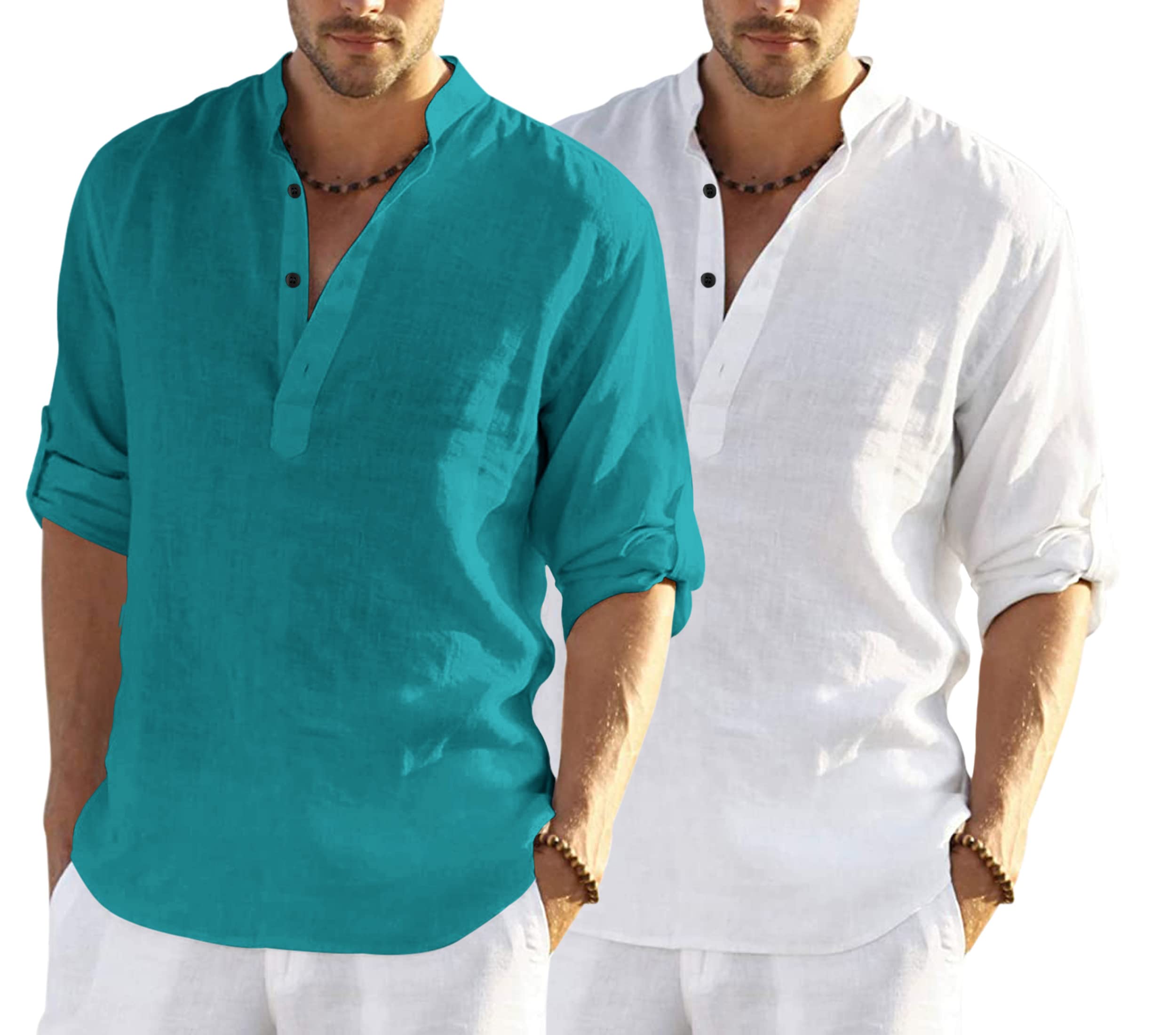 Hemrin Combo Of MenS Cotton Blend Full Sleeve Short Kurta Shirt With Mandarin Collar Pack Of 2