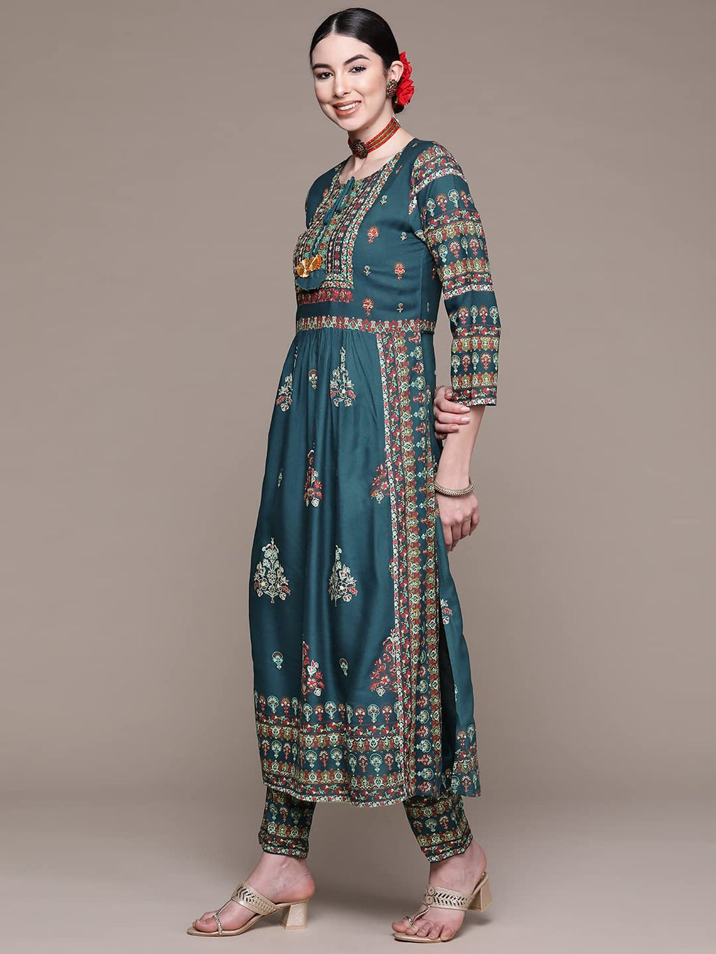 Anubhutee Women'S Teal Ethnic Motifs Printed Thread Work Rayon Kurta Suit Set With Trousers & Dupatta