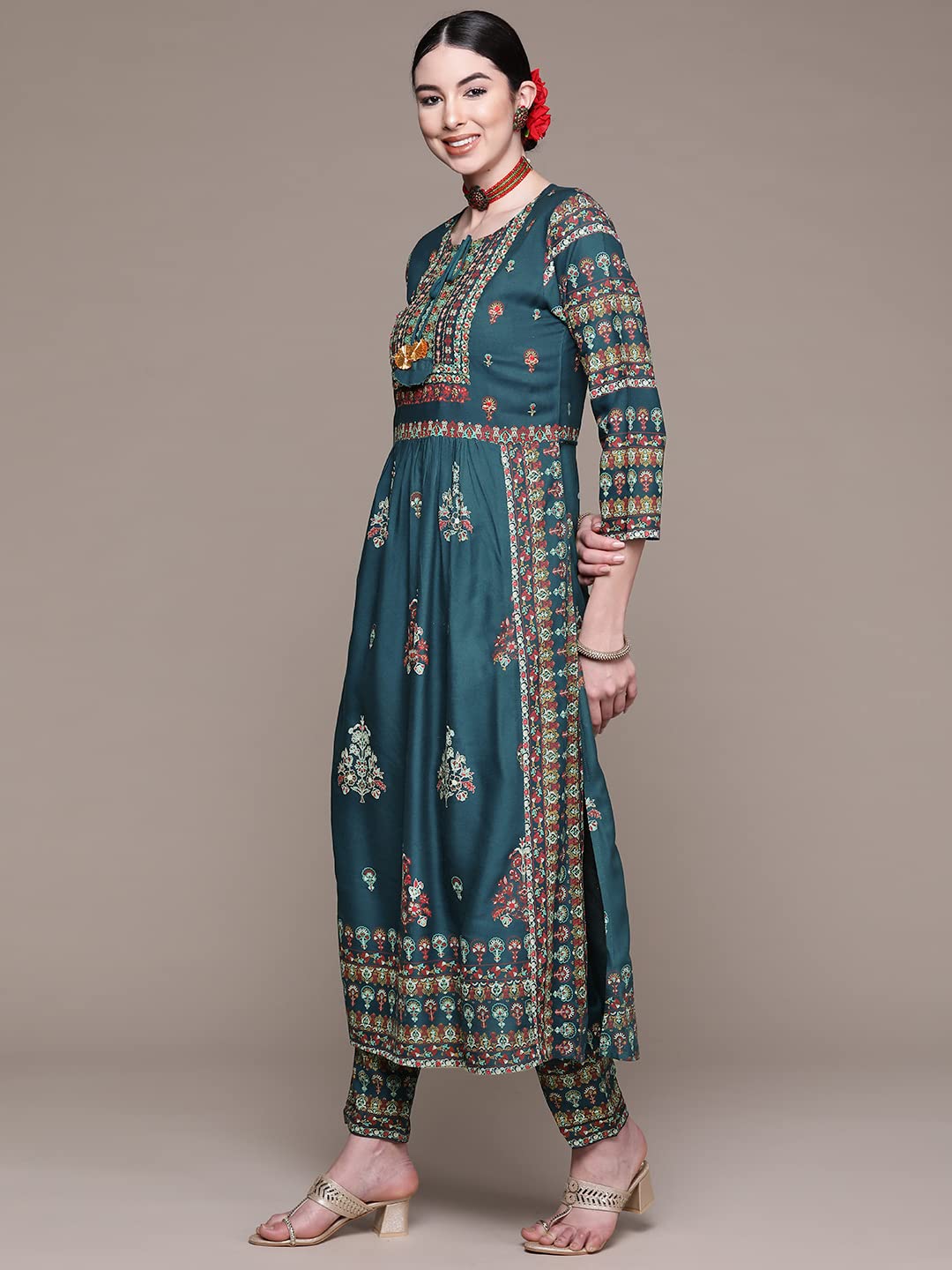 Anubhutee Women'S Teal Ethnic Motifs Printed Thread Work Rayon Kurta Suit Set With Trousers & Dupatta