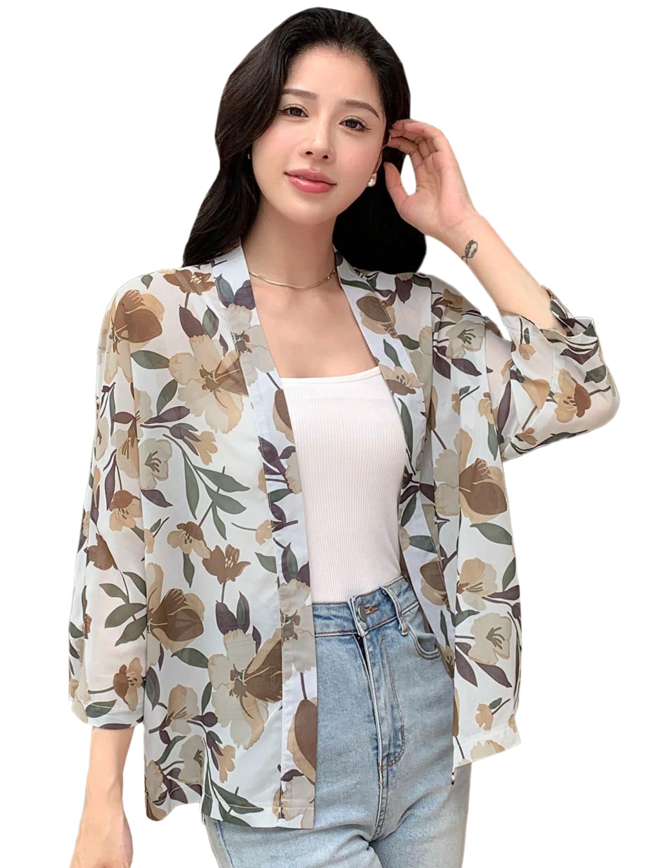 TOPLOT Womens Front Open Floral Printed Shrug Top Regular Fit (Shrug-5148-Yellow-S)