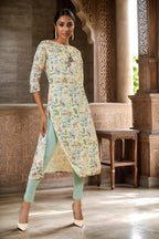 Soch Womens Beige Linen Kurta With Floral Print And Tassels