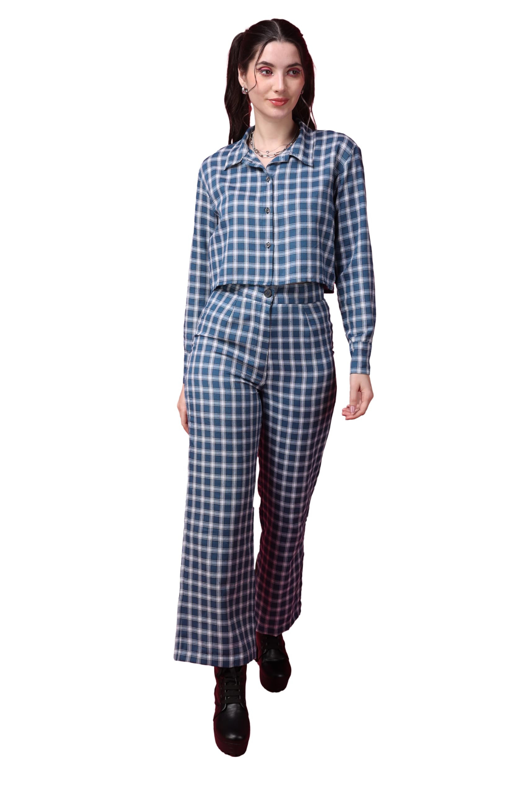 Popwings Casual Checks Print Crop Shirt And Trouser Co-Ord Set For Women | Shirt And Pant Co-Ord Set For Women | Full Sleeves Co
