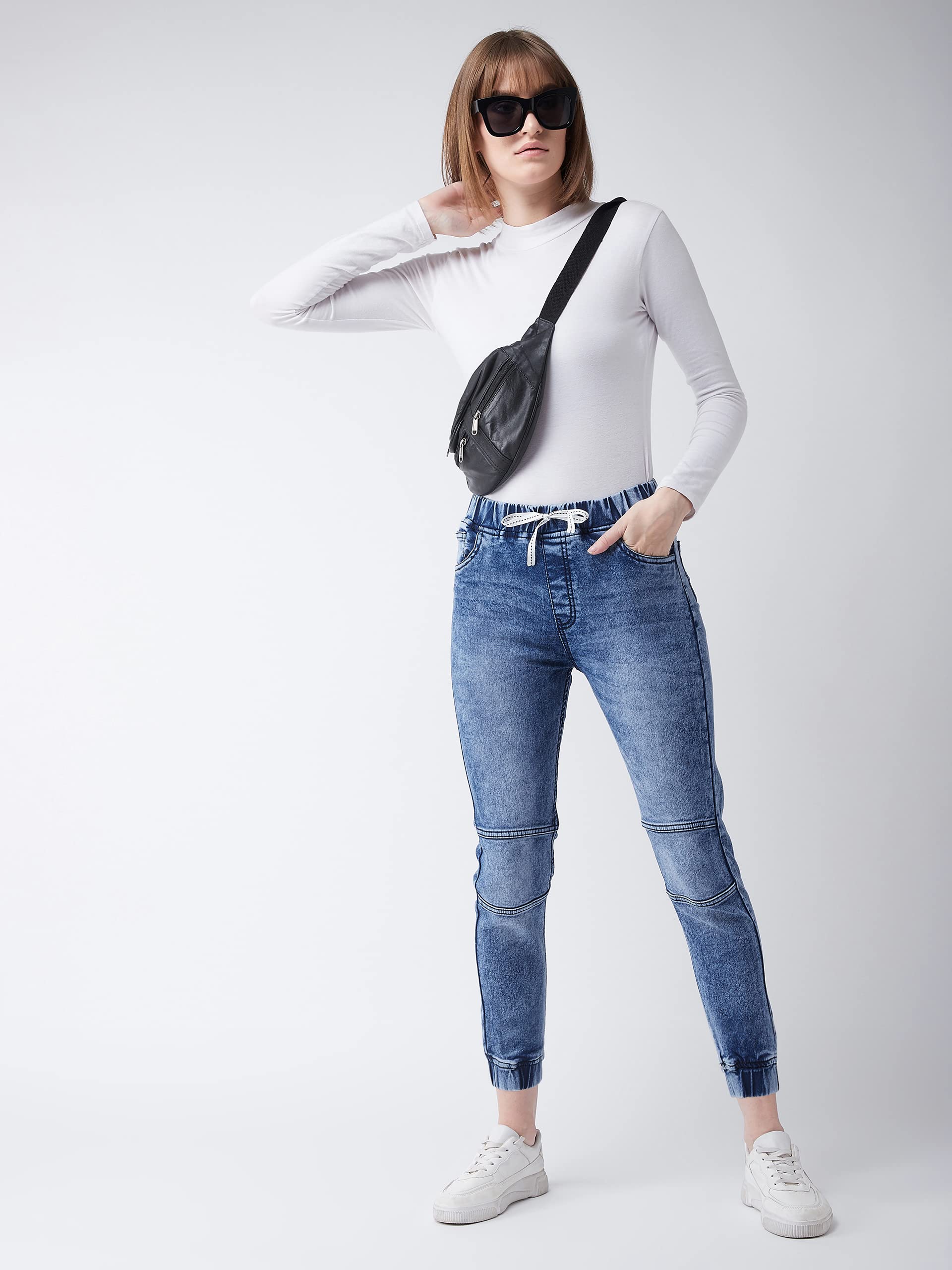 Miss Chase WomenS Blue Relaxed Fit Mid Rise Regular Length Denim Stretchable Jogger Pants With Drawstring Closure (Mcss20Den99-