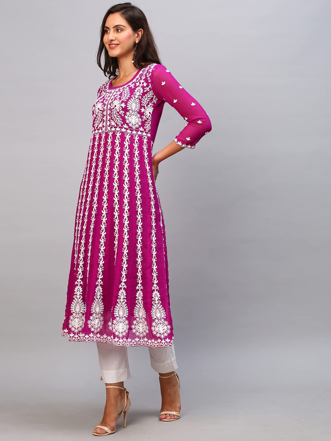 ANNI DESIGNER Womens Georgette Chikankari Embroidered Anarkali Kurti (Naav Pink-Nw1_XXL_Dark Pink_XX-Large)