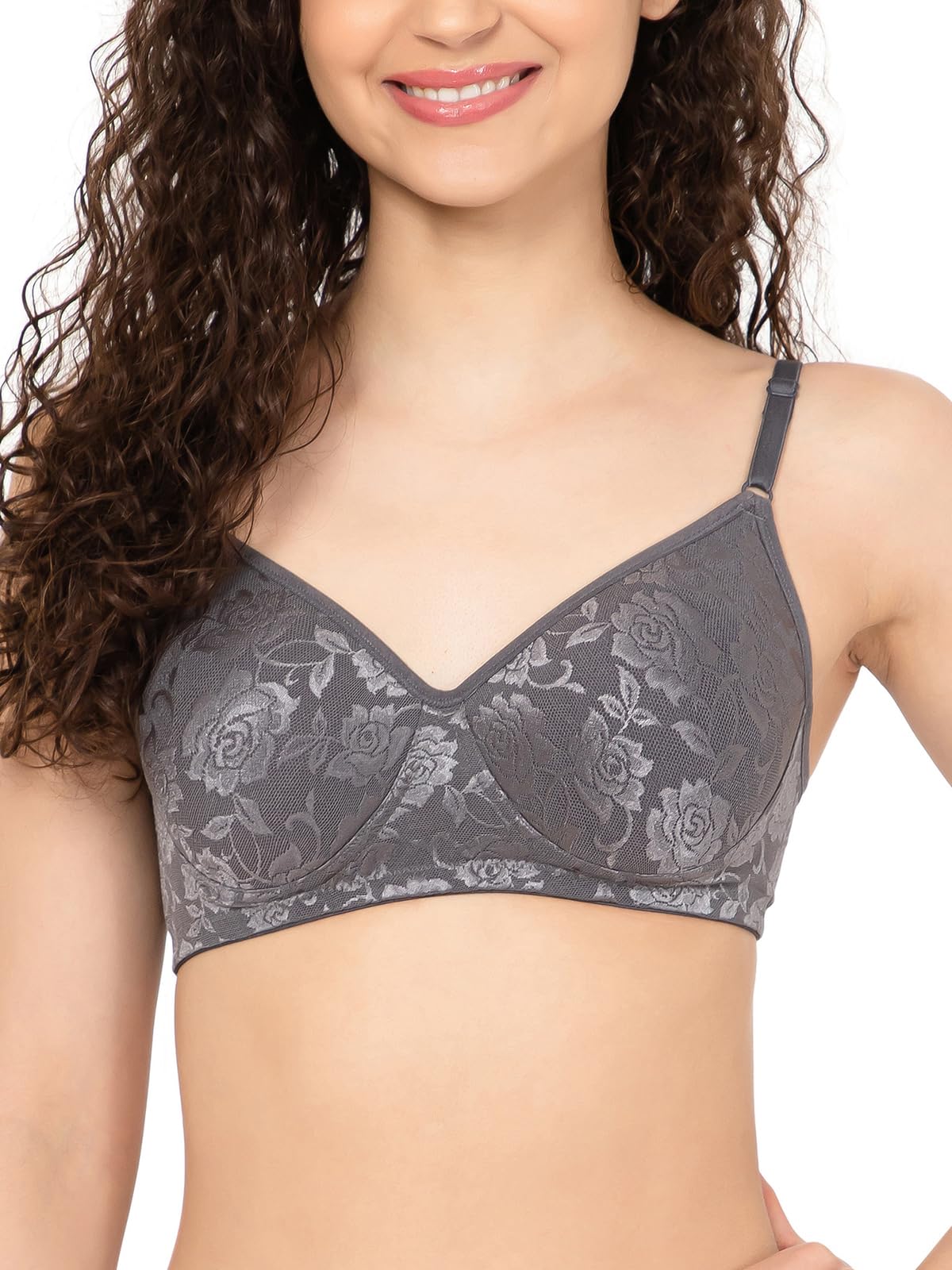 Clovia WomenS Lace Printed Padded Full Cup Wire Free T-Shirt Bra (Br2342P05_Dark Grey_32B)