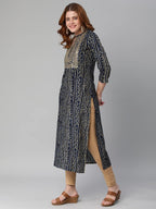 Gosriki Women'S Pure Cotton Rayon Bandhani Printed With Embroidered Straight Kurta (Rugari-Blue-Jan42-Gs)