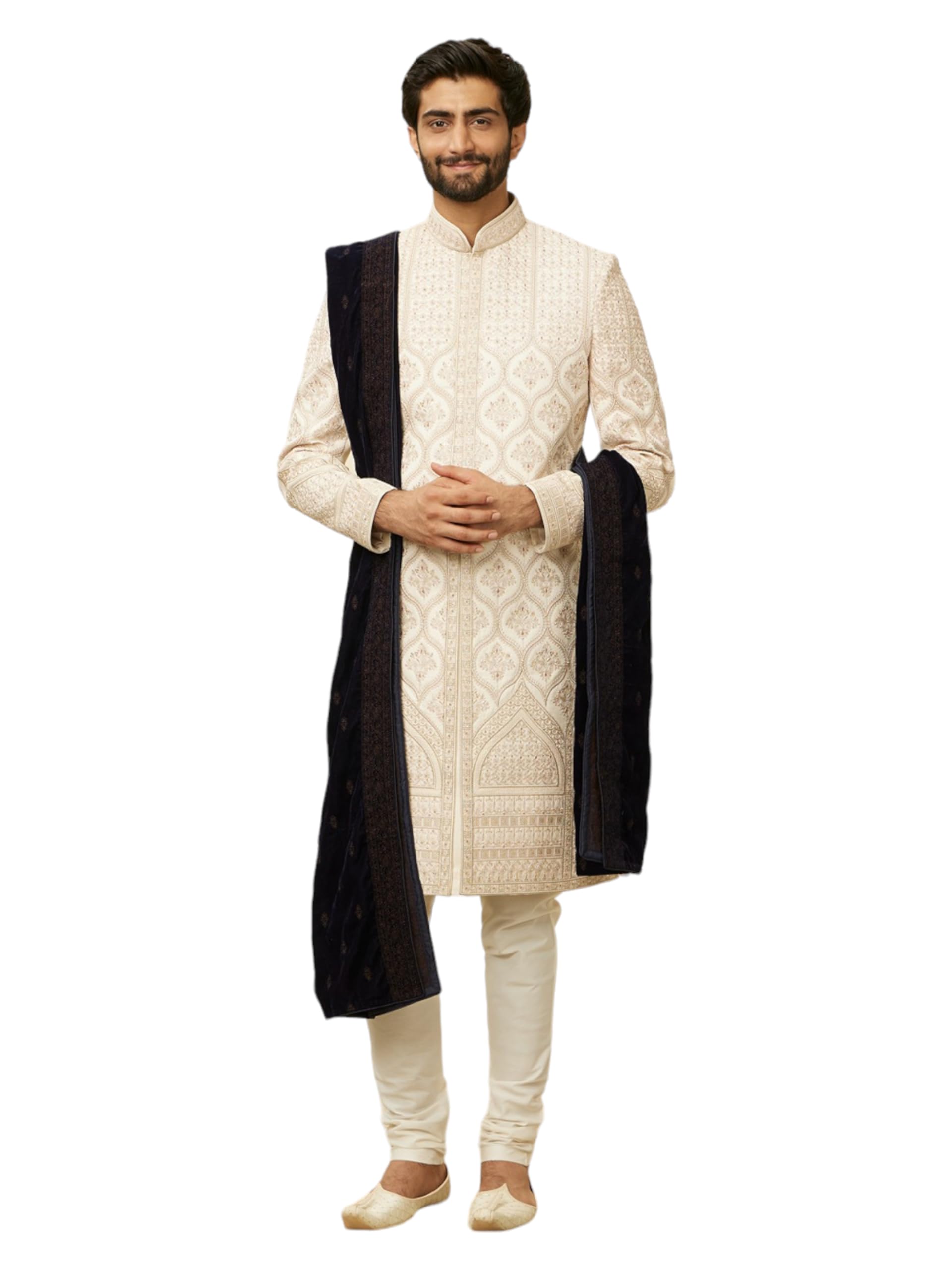Manyavar Dark Blue Floral Embroidered Dupatta