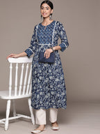 Anubhutee Women'S Cotton Navy Blue Mirror Work Floral Printed A-Line Kurta