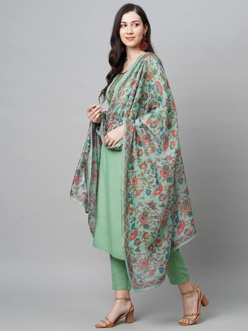 ANNI DESIGNER Womens Cotton Blend Solid Straight Kurta with Pant & Dupatta (Authentic-Pista_S_Pista_Small)