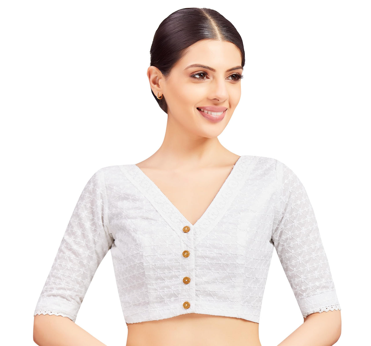 Studio Shringaar WomenS White Cotton Chikan Embroidery Saree Elbow Length Sleeves Blouse (White, 36) 36