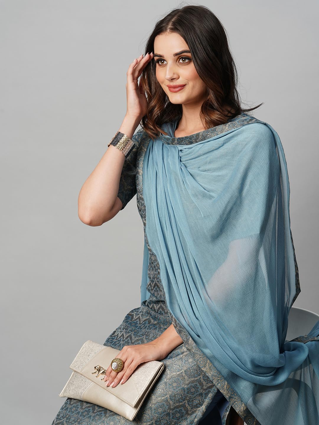 ANNI DESIGNER Ladies Cotton Blend Kurta with Trousers and Dupatta, Light Brown::Blue, L