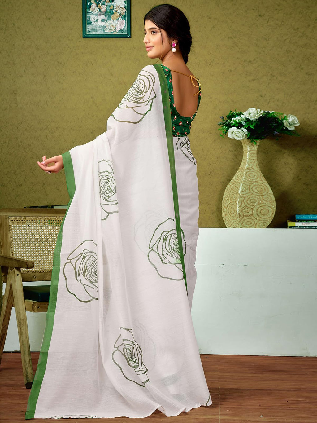 Satrani WomenS Chanderi Cotton Printed Ready To Wear One Minute Pre Pleated Readymade Saree With Unstitched Blouse Piece (32Rs3