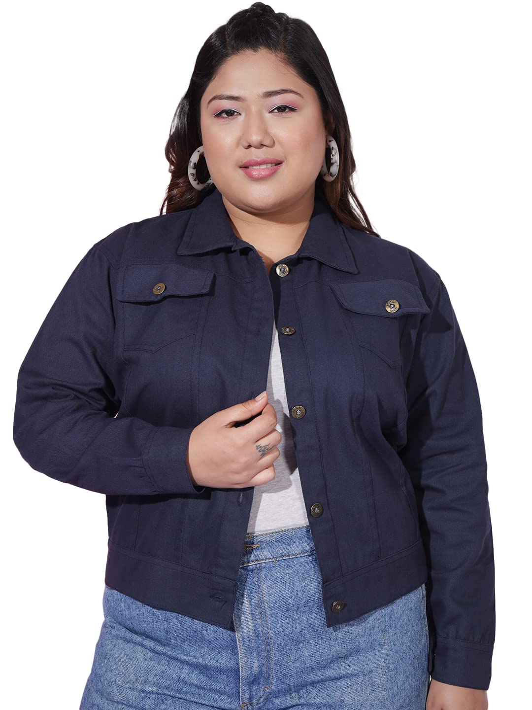 Twill Cotton Blend Plus Size Womens Regular Jacket (Navy Blue, 5XL) 5