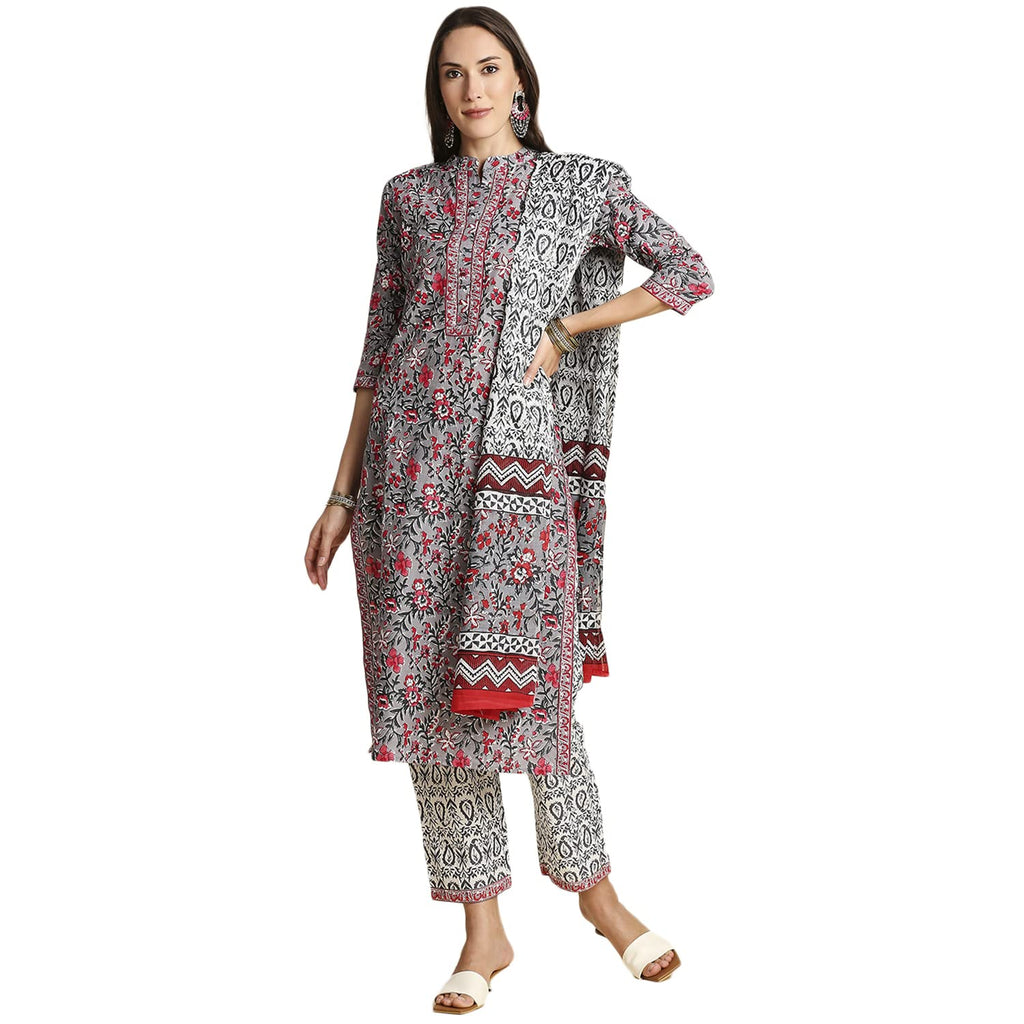 Anubhutee Women Grey & Pink Pure Cotton Floral Print Kurta With Trousers & Dupatta