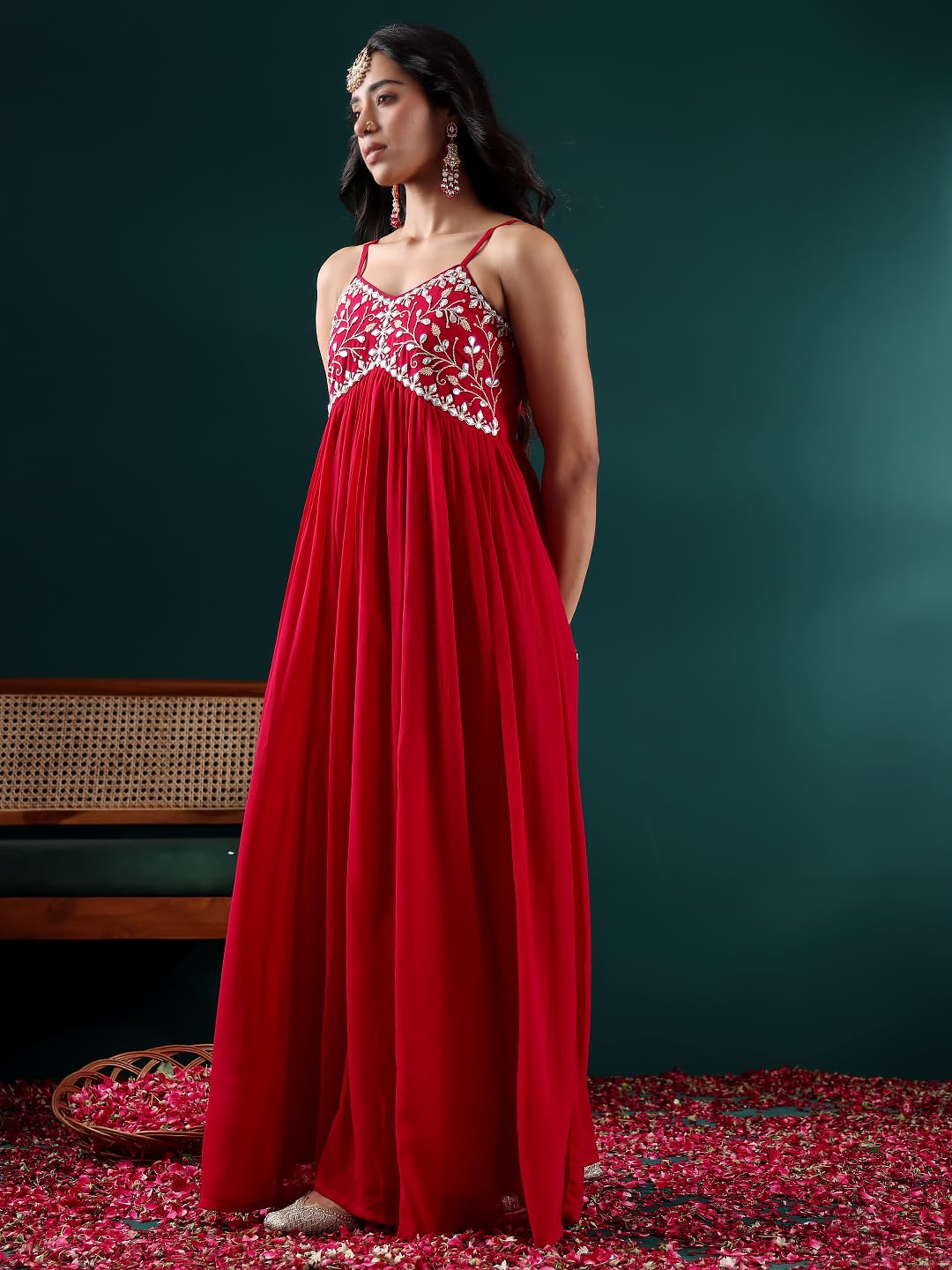 Varanga Women Fuchsia Embroidered Anarkali Kurta Set With Tonal Dupatta  Zari & Mirror Embroidery, V-Neck, Fringed Dupatta