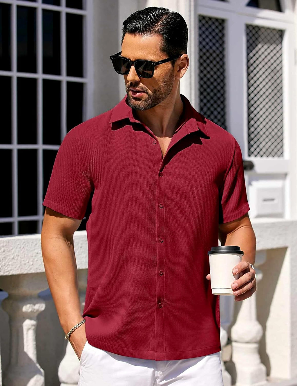 CB-COLEBROOK Mens Waffle Knit Shirt Short Sleeve Button Down Shirts Casual Beach Vacation Shirts Latest Textured Wrinkle Free Sh