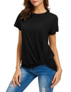 MSHING Women Casual Round Neck Short Sleeve Tie Up Blouse Comfortable Cotton Basic Tops, Black, Small