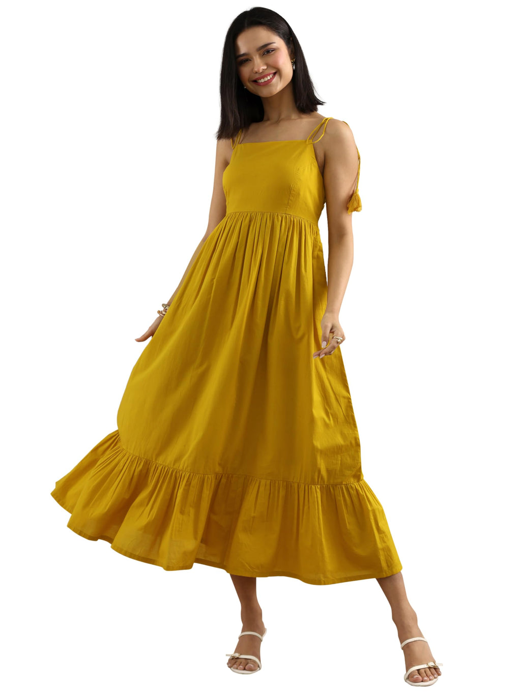 Gerua by Libas Solid Cotton Fit and Flare Dress Mustard