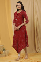 W Women Red Geometric Print Viscose Kurta Set With Tight