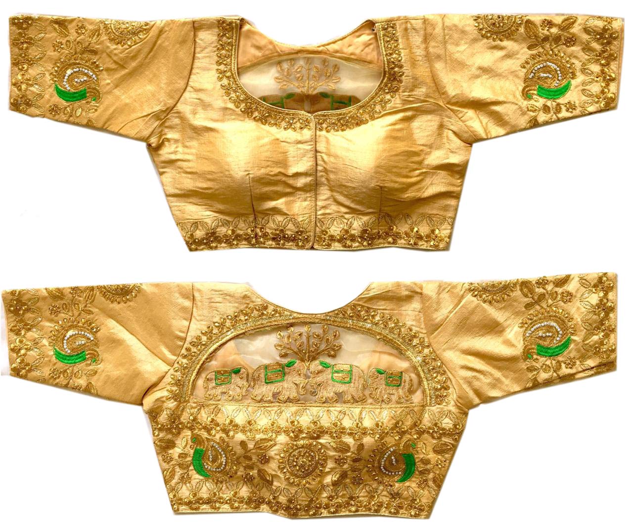 Pujia Mills Womens Phantom Silk Elephant Half Sleeve Saree Blouse (Gold, 38)