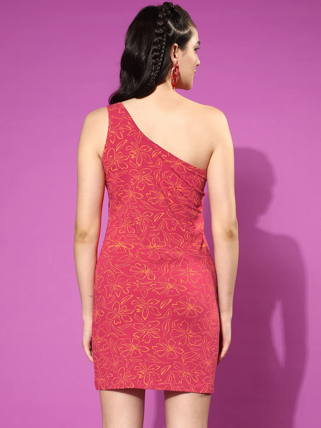 Juneberry Black & Beige Floral Print Snug Fit Sleeveless One Shoulder Above Knee Length Sheath Dress For Women (Jbdr_0323_2003_V