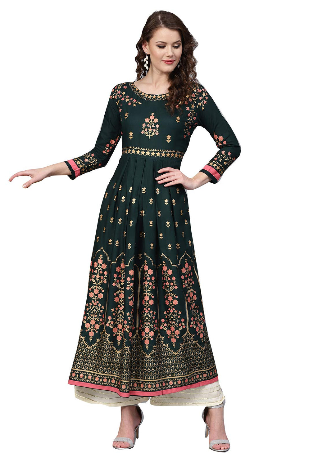 Ishin Women'S Viscose Rayon Green Printed Anarkali Kurta