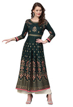 Ishin Women'S Viscose Rayon Green Printed Anarkali Kurta