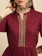 Rangita Maroon Rayon Calf Length Embroidered Flared Kurti For Women | Kurta For Women