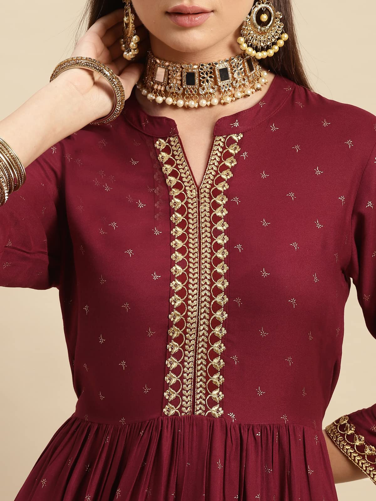 Rangita Maroon Rayon Calf Length Embroidered Flared Kurti For Women | Kurta For Women