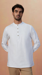 Manyavar Mens Short Kurta Only, Ethnic Short Kurta For Men, Full Sleeves Mandarin Collar Self Design Blended Cotton Short Kurta